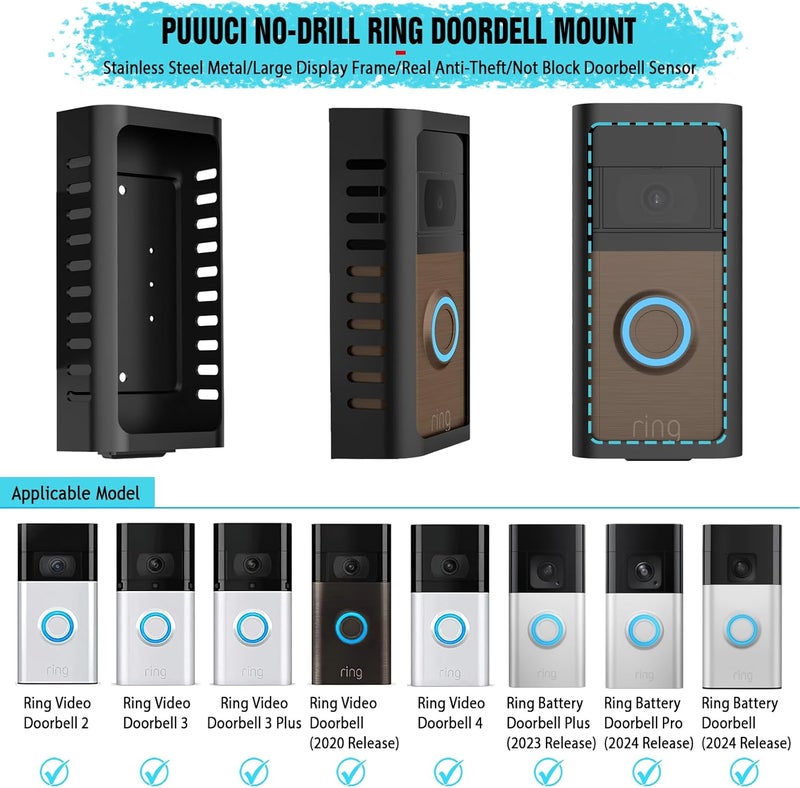 PUUUCI Store No-Drill Doorbell Mount for Ring Battery Video Doorbell 2/3/4/(2020 Release)/(2024 Release)/Plus/Pro, Adhesive Steel Metal Doorbell Mounting Bracket Accessories for Apartment, Home, Business - Image 2